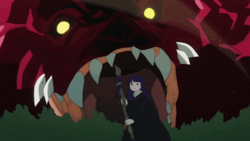 a cartoon of a woman standing in front of a red dragon