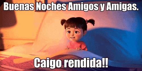 a cartoon girl is laying in bed with the words buenas noches amigos y amigas
