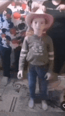 a young boy wearing a pink cowboy hat and a green shirt is standing in front of a group of people .