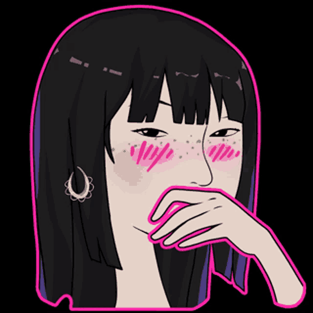 a drawing of a girl with black hair and pink cheeks covering her mouth with her hand