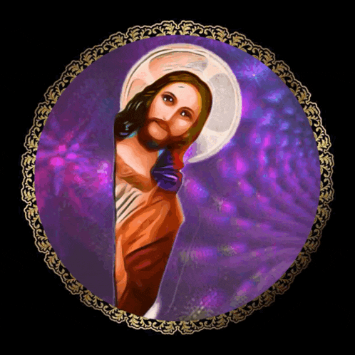 a painting of jesus with a purple background and a gold frame