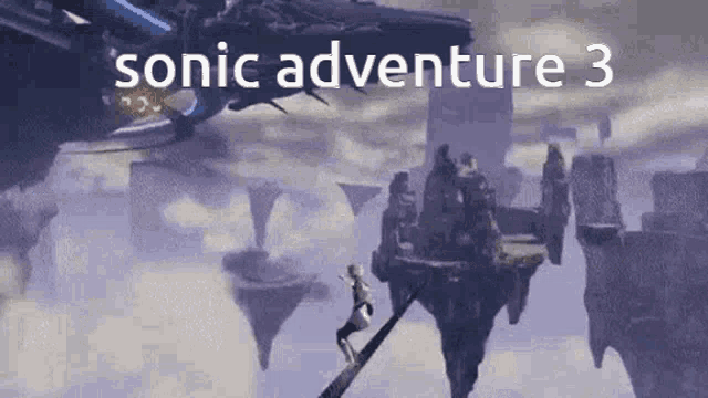 a man is jumping off a cliff in a video game with the words `` sonic adventure 3 '' written on the bottom .