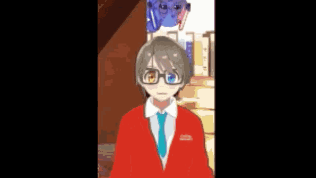 a boy wearing glasses and a red jacket is standing in front of a blue balloon .
