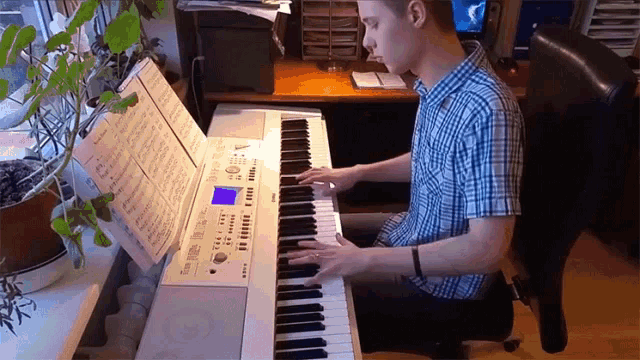 a man in a plaid shirt is playing the piano