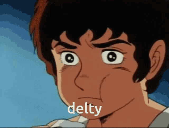 a close up of a person 's face with the word delty above it