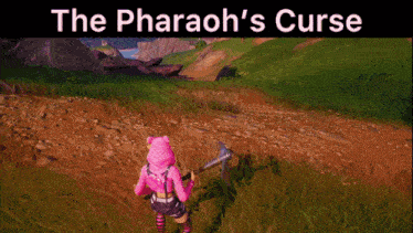 the pharaoh 's curse is written above a video game character holding an axe