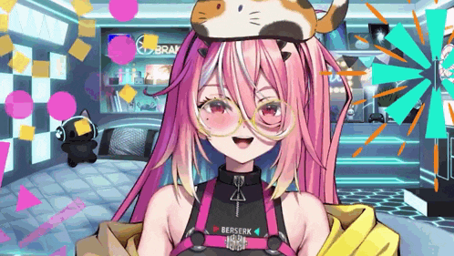 a pink haired anime girl wearing glasses and a cat hat