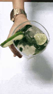 a person wearing a watch is holding a glass of water with lime slices