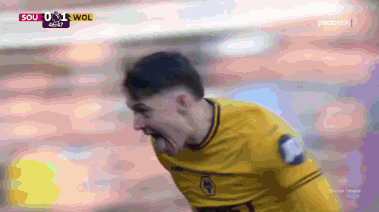 a soccer player in a yellow jersey with the word wol on the bottom right