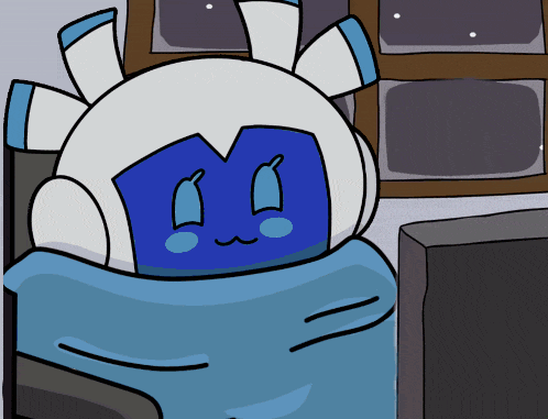 a cartoon drawing of a blue and white robot sleeping