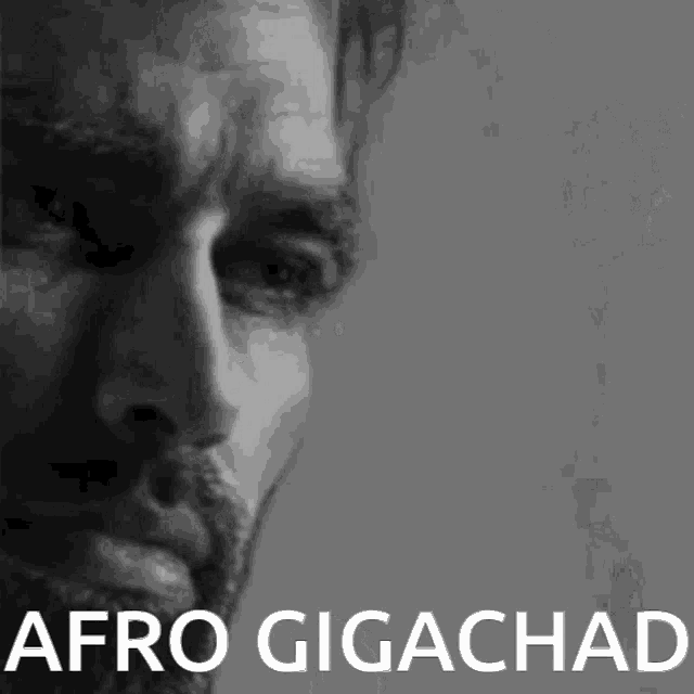a black and white photo of a man 's face with the words afro gigachad written on it .