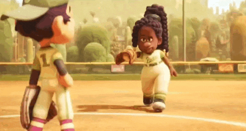 a boy and a girl are playing baseball on a field and shaking hands .