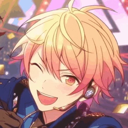 a close up of a anime character wearing a microphone and smiling .