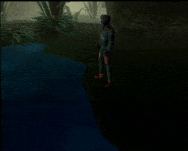 a man in a santa hat is standing next to a body of water with green letters coming out of it
