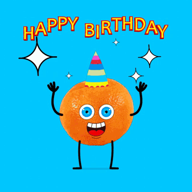 a birthday card with an orange wearing a party hat and arms and legs