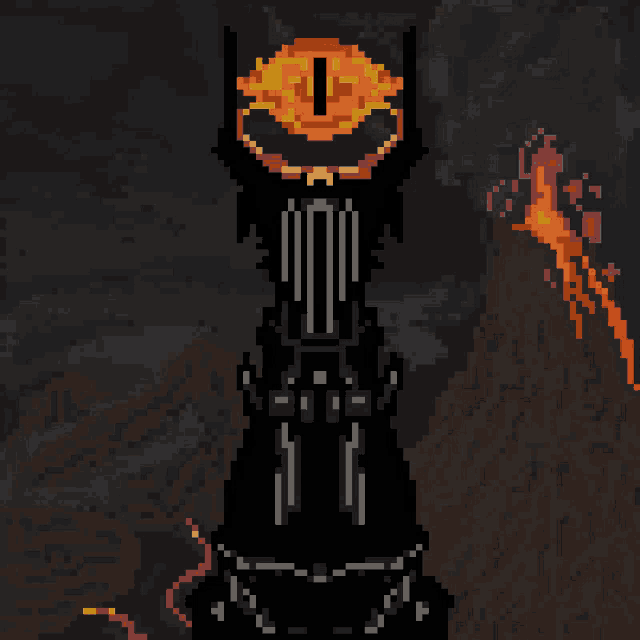 a pixel art of a black tower with a red eye on top