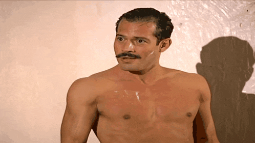 a shirtless man with a mustache has a shadow on the wall behind him