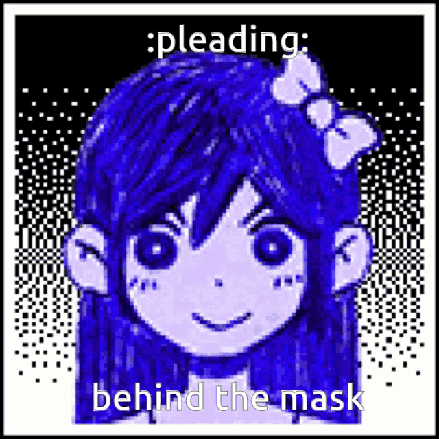 a pixel art of a girl with the words pleading behind the mask on the bottom