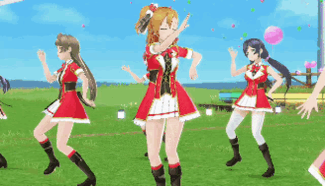 a group of anime girls are dancing in the grass