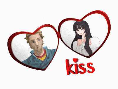 a man and a woman are in a heart shaped frame with the word kiss below them