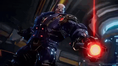 a video game character is holding a red object in his hand and says `` hey , get me out of here '' .