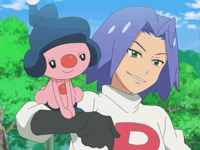 a man with purple hair is holding a small pink pokemon