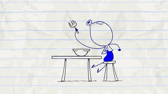 a drawing of a person eating spaghetti on a table