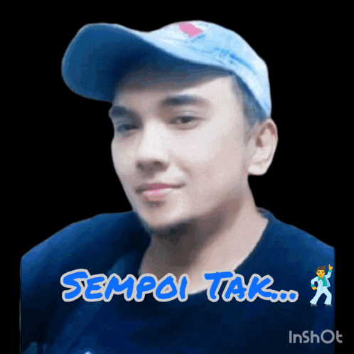 a man wearing a blue hat and a black shirt says sempoi tak