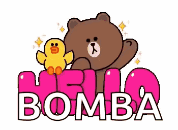 a brown bear and a yellow duck are standing next to each other on a pink background .