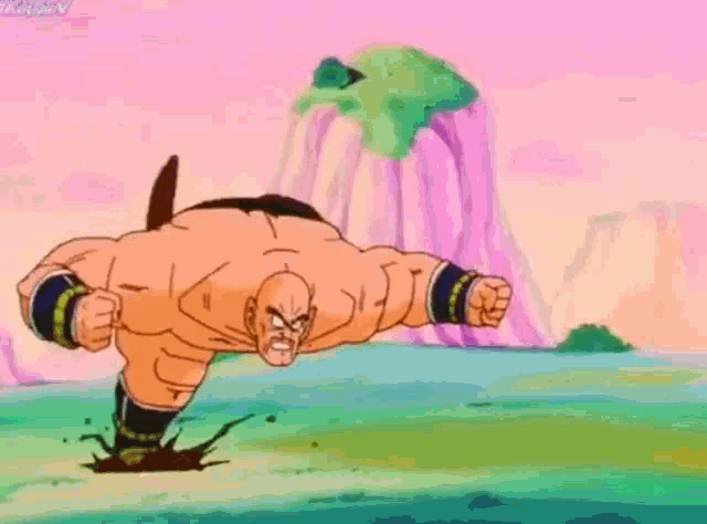 a cartoon character is flying through the air with his fist in the air and a mountain in the background .