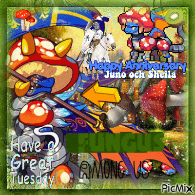 a happy anniversary juno och sheila greeting card with mushrooms and a knight on a horse
