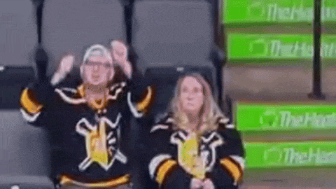 a man and a woman are sitting in a stadium with their arms in the air wearing hockey jerseys .