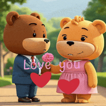 a teddy bear giving a flower to another teddy bear with the words love you written on the bottom
