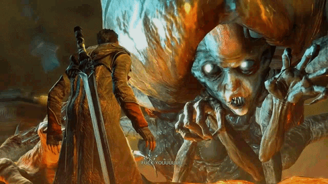 a man with a sword stands in front of a monster that says " fuck youuuuu "
