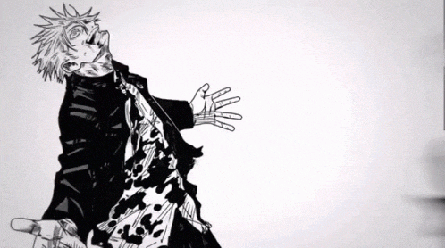 a black and white drawing of a man in a suit and tie with his hands outstretched .