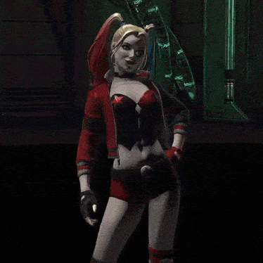 a woman in a harley quinn outfit is standing in the dark
