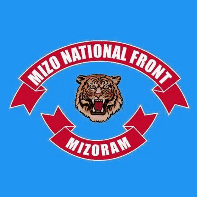 a logo for the mizo national front with a tiger 's head and a red ribbon .