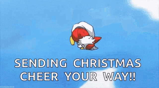 a cartoon of a penguin flying through the air with the words sending christmas cheer your way