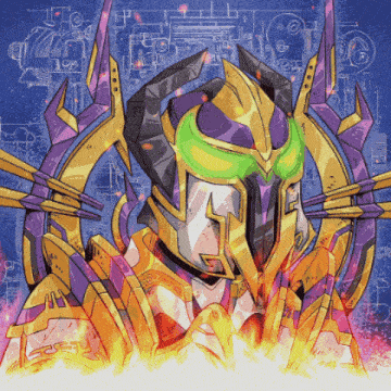 a drawing of a robot with a purple and yellow helmet