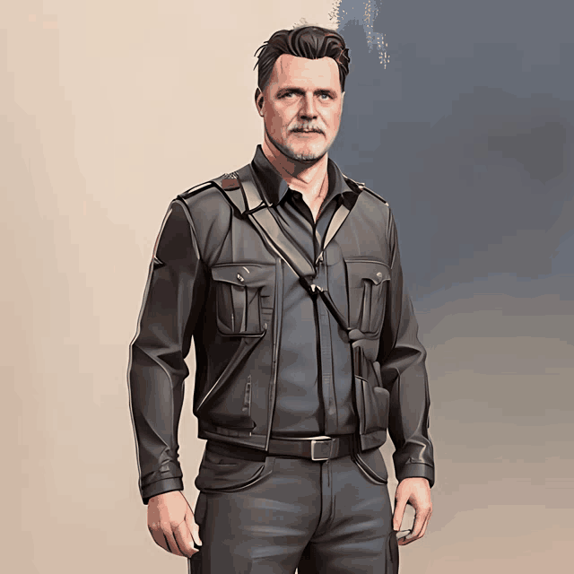 a man with a beard wearing a black leather jacket