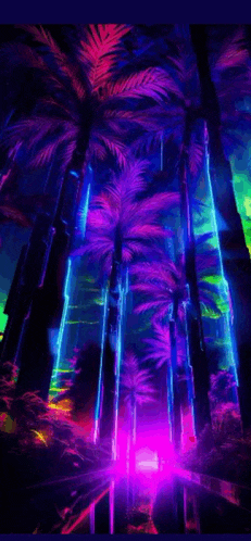 a painting of palm trees with neon lights coming out of them