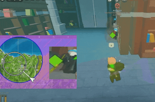 a screenshot of a video game shows a map and a person holding a green square