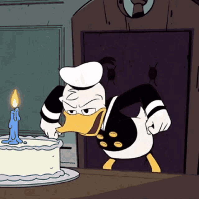 donald duck is standing in front of a cake with a lit candle