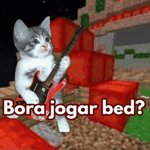 a kitten is holding a guitar and the words bora jogar bed are above it