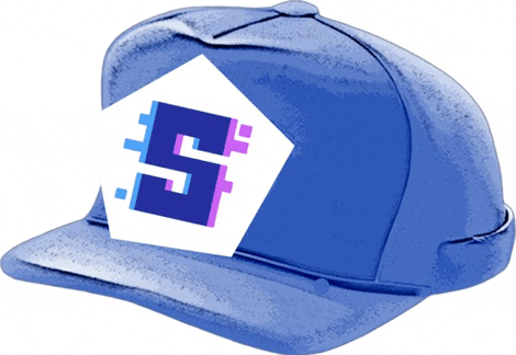 a blue hat with a white square with a letter s on it