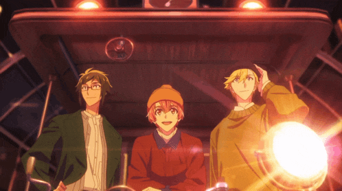 three anime characters are standing next to each other in front of a light
