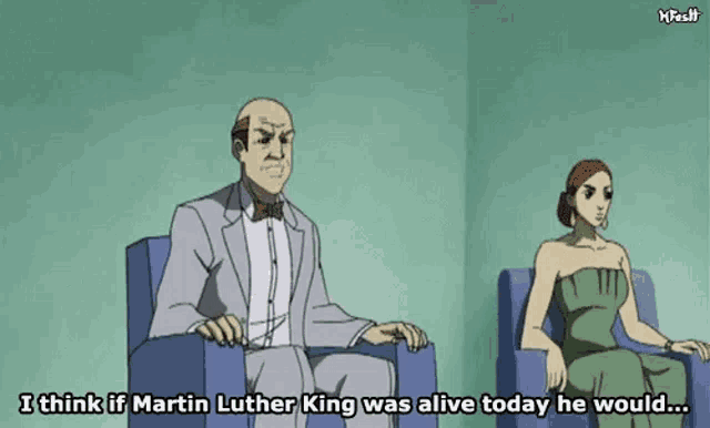 a man and a woman are sitting in chairs in a room .