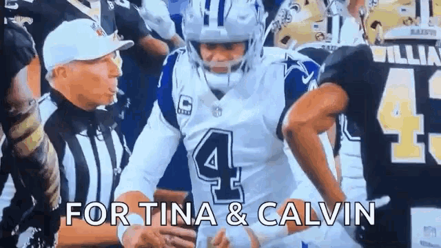 a football player in a cowboys uniform is standing next to a referee and says `` for tina & calvin '' .
