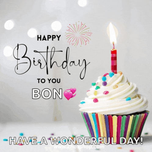 a birthday card with a cupcake with a lit candle and the words happy birthday to you bon