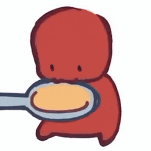a red cartoon character is holding a spoon in his hand